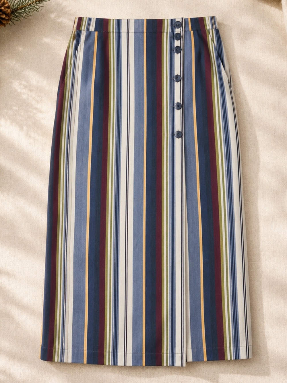 Vintage 90s Lizwear Striped Cotton Wrap Midi Skirt 12 Blue Coastal Cottagecore